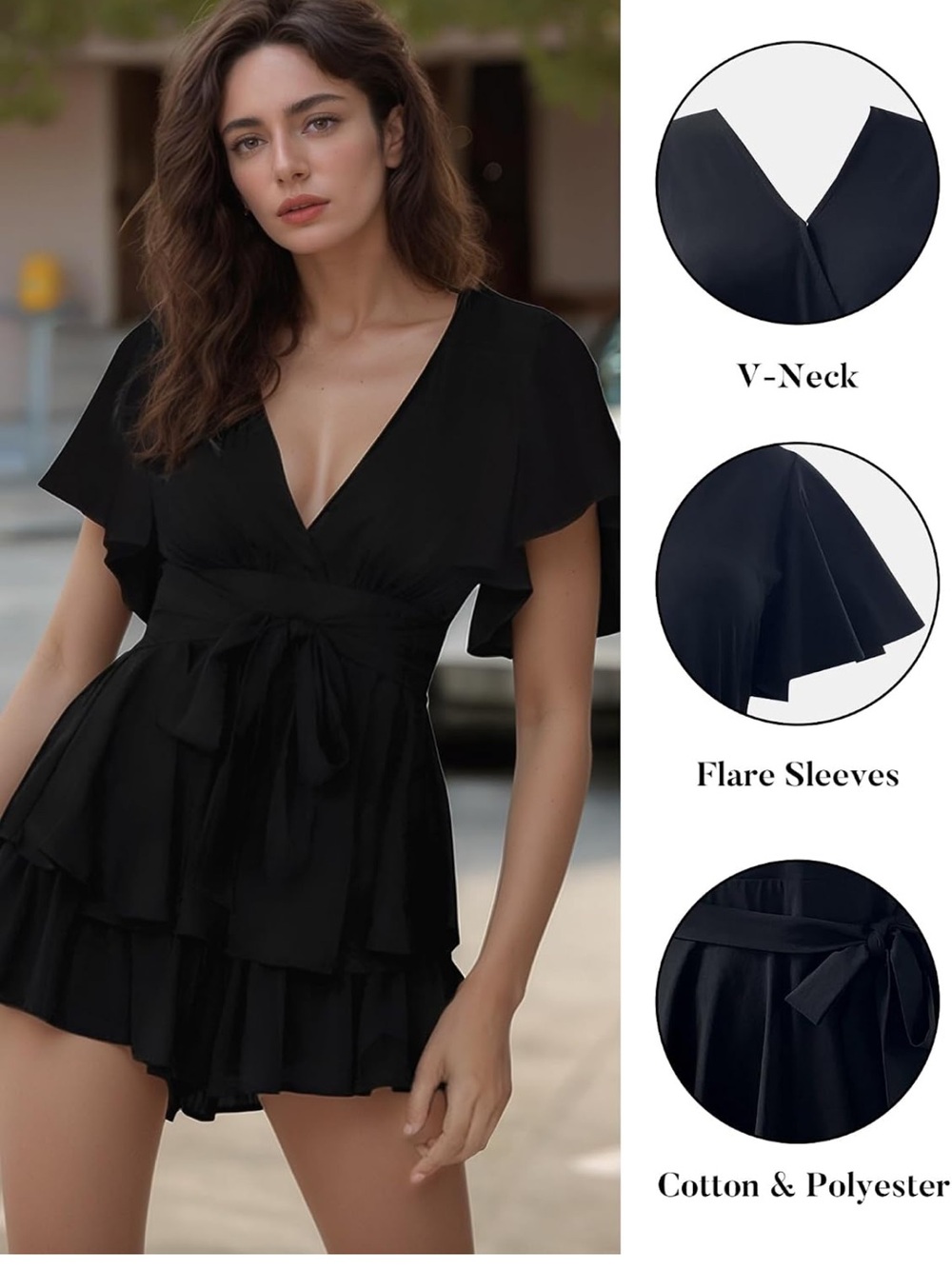 Women's Deep V-Neck Romper Double Layer Ruffle Hem Jumpsuits Short (XL, fits L)